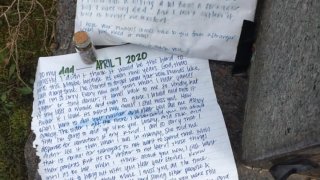 a letter left on a tombstone at a Hartford cemetery