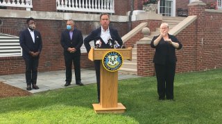 governor Ned Lamont outside the governor's residence in Hartford