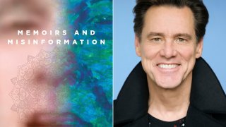 This combination photo shows the cover of "Memoirs and Misinformation," left, and a portrait of author-actor Jim Carrey.