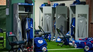 The Toronto Blue Jays visiting team auxiliary clubhouse constructed in the concourse is shown before the start of the 2020 Major League Baseball season on July 21, 2020 at Fenway Park in Boston