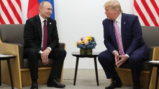 Russian President Vladimir Putin and U.S. President Donald Trump hold a meeting on the sidelines of the G20 summit in Osaka, June 28, 2019.