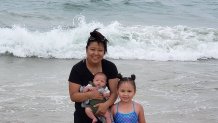 Toner with her six-year-old daughter Gianna and eight-week-old son Rhett.