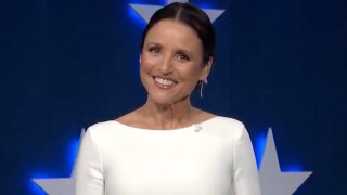 In this screenshot from the DNCC’s livestream of the 2020 Democratic National Convention, actress Julia Louis-Dreyfus hosts the virtual convention on August 20, 2020. The convention, which was once expected to draw 50,000 people to Milwaukee, Wisconsin, is now taking place virtually due to the coronavirus pandemic.