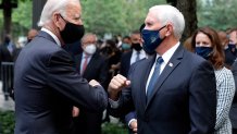 Democratic presidential candidate and former Vice President Joe Biden greets Vice President Mike Pence at the 19th anniversary ceremony in observance of the Sept. 11 terrorist attacks at the National September 11 Memorial & Museum in New York, Friday, Sept. 11, 2020.