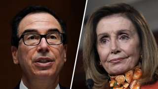 Steven Mnuchin, Treasury secretary (left) and House Speaker Nancy Pelosi (right).