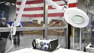 A pNeuton ventilator is pictured as the US president tours the Ford Rawsonville Plant, that has been converted to making personal protection and medical equipment, in Ypsilanti, Michigan on May 21, 2020.