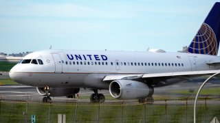 NEW YORK, UNITED STATES - 2020/08/26: A view of a United Airlines aircraft taxiing at La Guardia Airport.