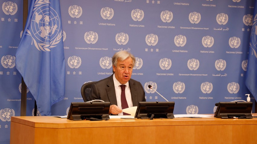 United Nations Secretary-General Antonio Guterres speaks during a joint press conference at the UN headquarters in New York, Sept. 9, 2020. Guterres on Wednesday urged countries to use recovery from COVID-19 to tackle climate change at a joint press conference with the chief of the World Meteorological Organization for the launch of "United in Science 2020," a multi-agency report of the latest climate science.