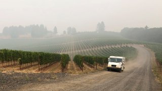 In this Sept. 16, 2020, file photo, a U.S. postal delivery vehicle drives past at a smoke-shrouded vineyard in Salem, Ore. Smoke from the West Coast wildfires has tainted grapes in some of the nation’s most celebrated wine regions. The resulting ashy flavor could spell disaster for the 2020 vintage.