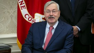 in this Feb. 22, 2019, file photo, Terry Branstad, U.S. Ambassador to China, speaks during a trade meeting with Liu He, China's vice premier and director of the central leading group of the Chinese Communist Party, not pictured, in the Oval Office of the White House in Washington, D.C.