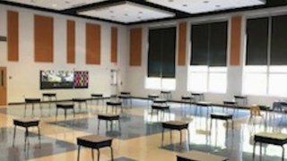 Desks spaced at a distance in Calvert County Public Schools