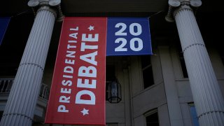 Signage is displayed on the campus of Belmont University ahead of the final U.S. presidential debate at Belmont University in Nashville, Tennessee, Oct. 20, 2020.