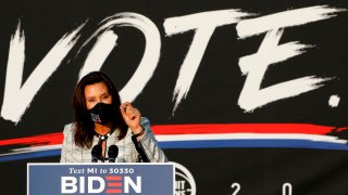 Michigan Governor Gretchen Whitmer speaks before Democratic Vice Presidential Nominee Senator Kamala Harris (D-CA) at the Detroit Pistons Practice Facility in Detroit, Michigan on September 22, 2020.