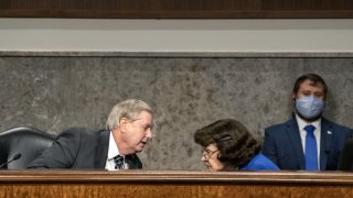 Senator Lindsey Graham, a Republican from South Carolina and chairman of the Senate Judiciary Committee, left, speaks to ranking member Senator Dianne Feinstein, a Democrat from California, during a hearing in Washington, D.C., U.S., on Wednesday, Sept. 30, 2020.