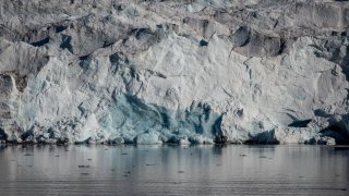 Ice melts near Nordenskjodbreen glacier on August 25, 2020 on the Norwegian Arctic Svalbard archipelago, Norway.