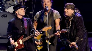Nils Lofgren, Bruce Springsteen and Stevie Van Zandt perform with Bruce Springsteen and the E Street Band at the Los Angeles Sports Arena
