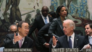 In this file photo, U.S. Vice President Joe Biden (2nd R) speaks with U.N. Secretary-General Ban Ki-moon (L) as U.S. Ambassador to the UN Susan Rice (3rd R) looks on at a high-level United Nations Security Council meeting at UN headquarters December 15, 2010 in New York City.