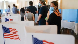 Voters at polls wearing masks.