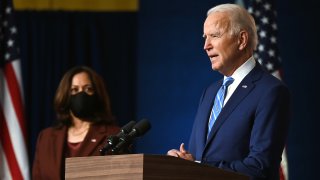 Democratic Presidential candidate Joe Biden, flanked by US Democratic vice presidential nominee and Senator from California, Kamala Harris