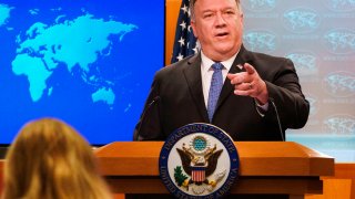 US Secretary of State Mike Pompeo gestures toward a reporter while speaking about the counting of votes in the US election during a briefing, on November 10, 2020, at the State Department in Washington, DC