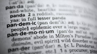 In this Saturday, Nov. 21, 2020, photo the word pandemic is displayed in a dictionary in Washington. Merriam-Webster on Monday announced “pandemic” as its 2020 word of the year.