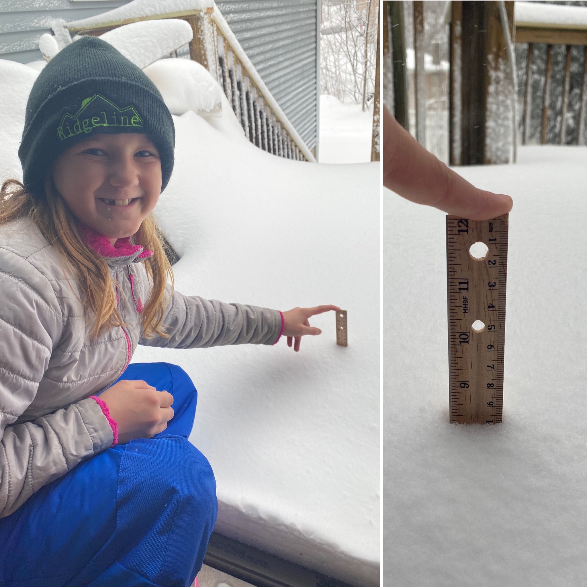 Alyssa midiendo la nieve en nuestra terraza en Clinton