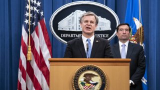 Christopher Wray, director of the Federal Bureau of Investigation (FBI), speaks during a news conference at the Department of Justice in Washington, D.C., U.S., on Wednesday, Oct. 28, 2020.
