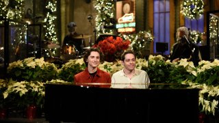 Pictured: Host Timothée Chalamet and Pete Davidson during the Monologue on Saturday, December 12, 2020