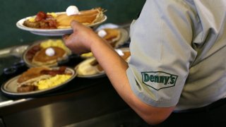 A Denny's waitress prepares to deliver Grand Slam breakfasts to customers