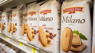 In this April 7, 2013, file photo, the Campbell Soup Co. brand Pepperidge Farm Milano cookies are seen on a supermarket shelf.