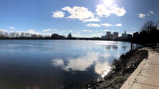 The Hartford skyline in the distance along the Connecticut River