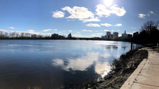 The Hartford skyline in the distance along the Connecticut River
