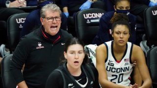 Connecticut head coach Geno Auriemma shouts from the sideline during the first half of an NCAA college basketball game against Providence at Harry A. Gampel Pavilion, Jan. 9, 2021, in Storrs, Connecticut.