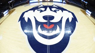 The UConn Huskies logo on the court before the game as the Buffalo Bulls take on the Rutgers Scarlet Knights on March 22, 2019 at the Gampel Pavilion in Storrs, Connecticut.