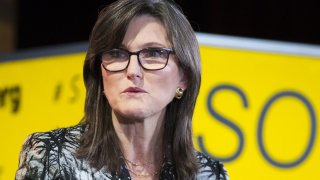 Cathie Wood, chief executive officer and chief investment officer of ARK Investment Management LLC, speaks during the Sooner Than You Think conference in the Brooklyn borough of New York on Tuesday, Oct. 16, 2018.