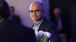 In this Jan. 21, 2020, file photo, Satya Nadella, chief executive officer of Microsoft Corp., pauses during a Bloomberg event on the opening day of the World Economic Forum (WEF) in Davos, Switzerland.