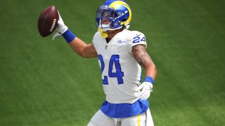 Taylor Rapp #24 of the Los Angeles Rams warms up prior to a team scrimmage at SoFi Stadium on August 29, 2020 in Inglewood, California.