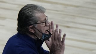 UConn head coach Geno Auriemma yells to his players during the second half of an NCAA college basketball game against Iowa in the Sweet 16 round of the Women's NCAA tournament Saturday, March 27, 2021, at the Alamodome in San Antonio.