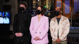 "Maya Rudolph" Episode 1800 -- Pictured: (l-r) Musical guest Jack Harlow, host Maya Rudolph, and Chris Redd during Promos in Studio 8H on Thursday, March 25, 2021