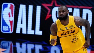 LeBron James plays during the first half of basketball's NBA All-Star Game in Atlanta, Sunday, March 7, 2021.
