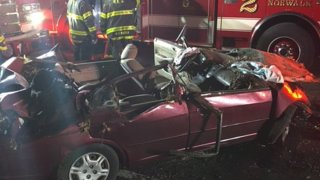 Car after crash on Merritt Parkway in Norwalk