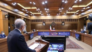 In this file photo, Head of the Atomic Energy Organization of Iran Ali Akbar Salehi speaks during opening ceremony of nuclear projects in different regions of the country via video conference on 11th anniversary of National Nuclear Technology Day in Tehran, Iran on April 10, 2021.