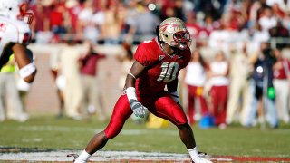 FILE - Geno Hayes (#10) of the Florida State Seminoles lines up against the Maryland Terrapins on Nov. 17, 2007, at Doak Campbell Stadium in Tallahassee, Florida. (Photo by Joe Robbins/Getty Images)