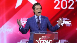 This Feb. 26, 2021 photo shows U.S. Rep. Matt Gaetz -R-Florida, speaking at CPAC at the Hyatt Regency in Orlando, Fla. Gaetz, a prominent conservative in Congress and a close ally of former President Donald Trump, said Tuesday, March 30, he is being investigated by the Justice Department over a former relationship but denied any criminal wrongdoing. (Stephen M. Dowell/Orlando Sentinel via AP)