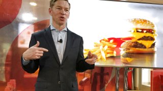 McDonald’s U.S President Chris Kempczinski speaks about fresh beef expansion at a McDonald’s event in Oak Brook, Illinois, United States March 5, 2018.