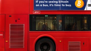 An advert for bitcoin on a bus in London’s West End.