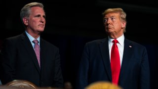 President Donald Trump stands with House Minority Leader Kevin McCarthy of Calif., during an event on California water accessibility, Wednesday, Feb. 19, 2020, in Bakersfield, Calif.