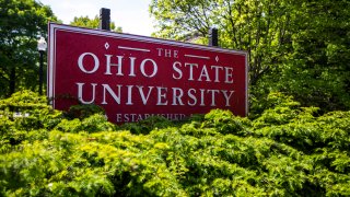 This May 8, 2019, file photo, shows a sign for Ohio State University in Columbus, Ohio.