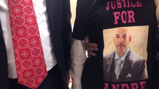 Andre Hill, fatally shot by Columbus police on Dec. 22, is memorialized on a shirt worn by his daughter, Karissa Hill, on Thursday, Dec. 31, 2020, in Columbus, Ohio. Karissa Hill said she considered her father an “everything man” because he did so many things.