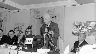 Dr. Albert Einstein, 71-year-old scientist, makes one of his rare public appearances as he speaks at the first national conference of the American committee for the Hebrew university, Weizmann Institute of Science, and Technion in Princeton, New Jersey on May 9, 1955. Speaking before 300 Jewish community leaders from the U.S. and Canada, the famed physicist urged support for schools of higher learning in Israel as institutions where those that are Jewish will always be welcome.